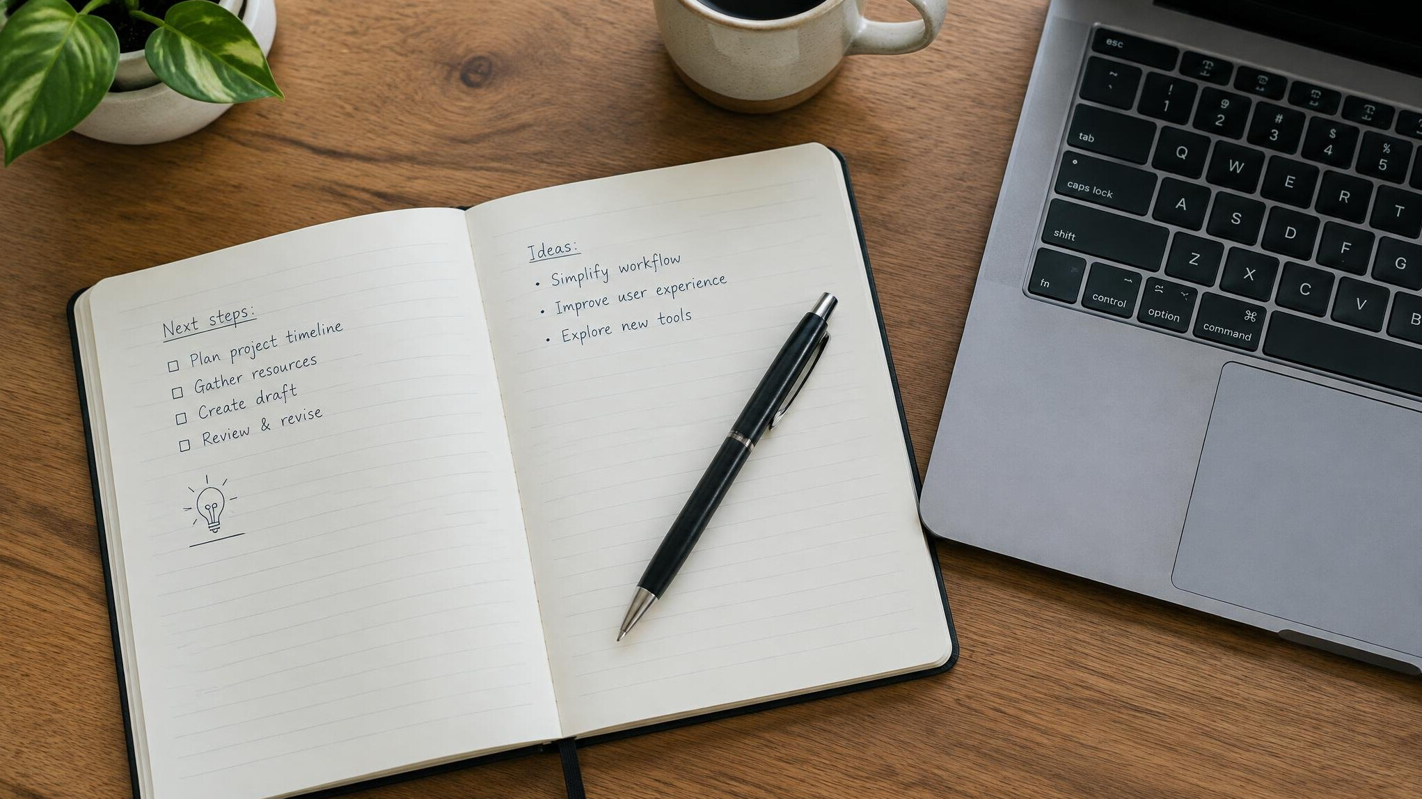 Open notebook with pen next to a laptop on a desk