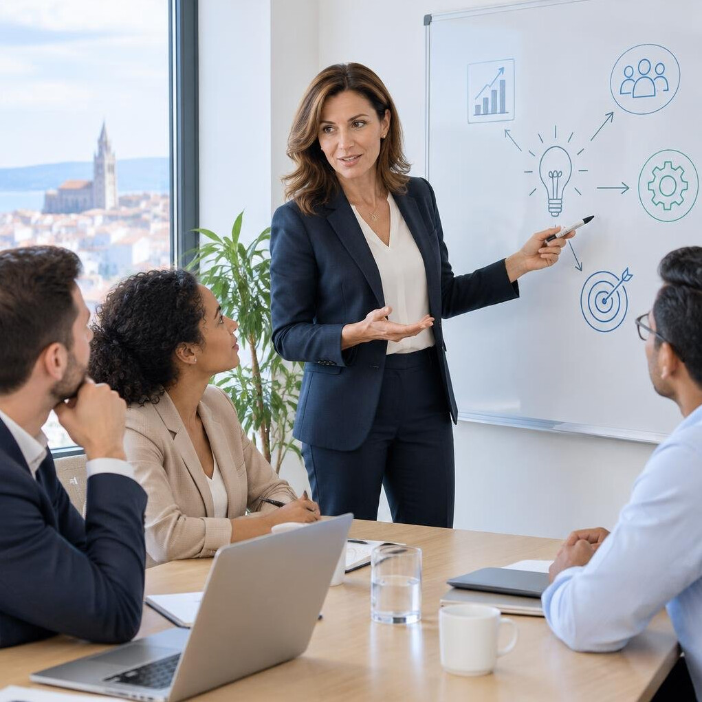 Mentor presenting to a small group of colleagues