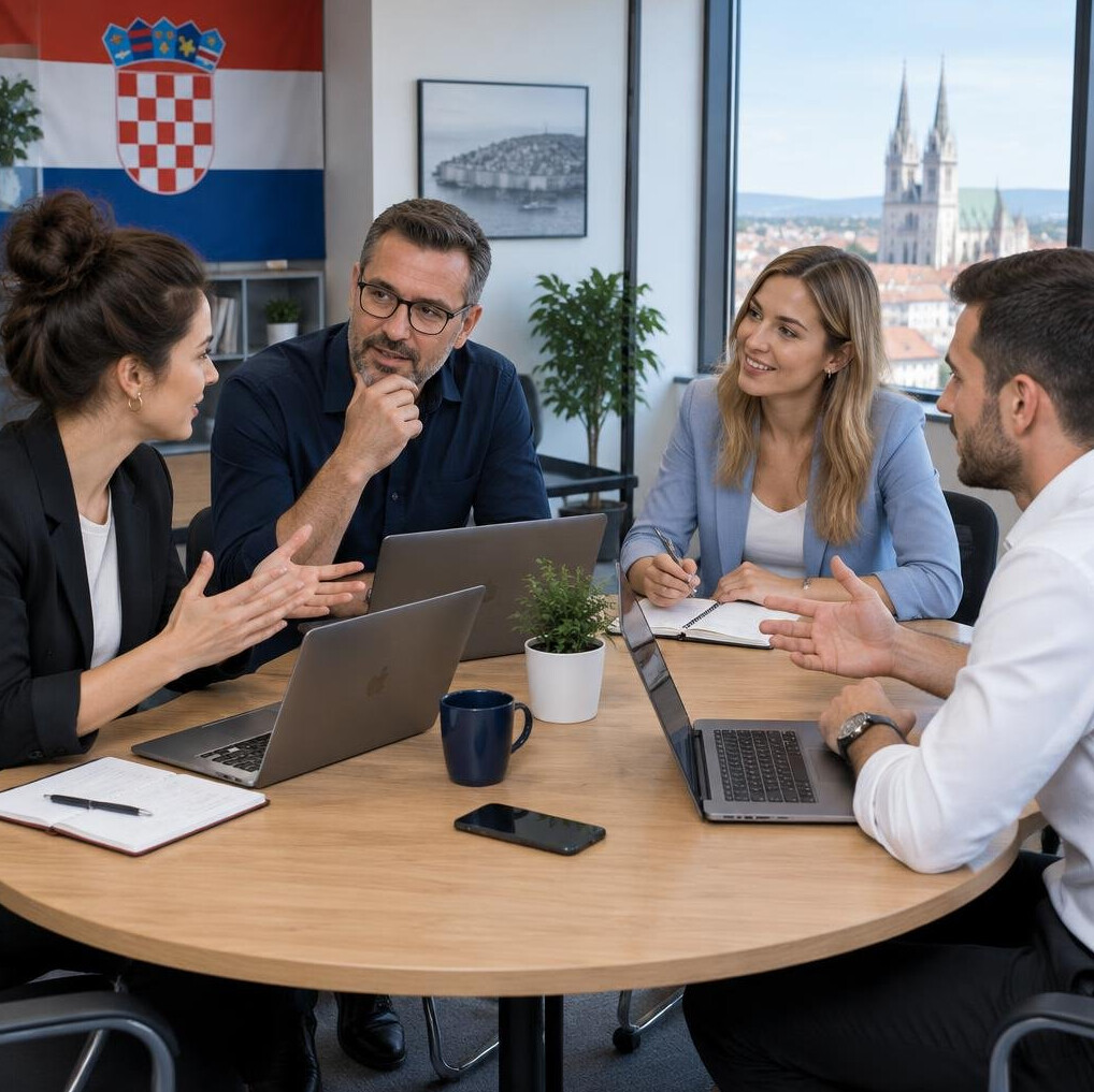 Colleagues having a discussion around a table