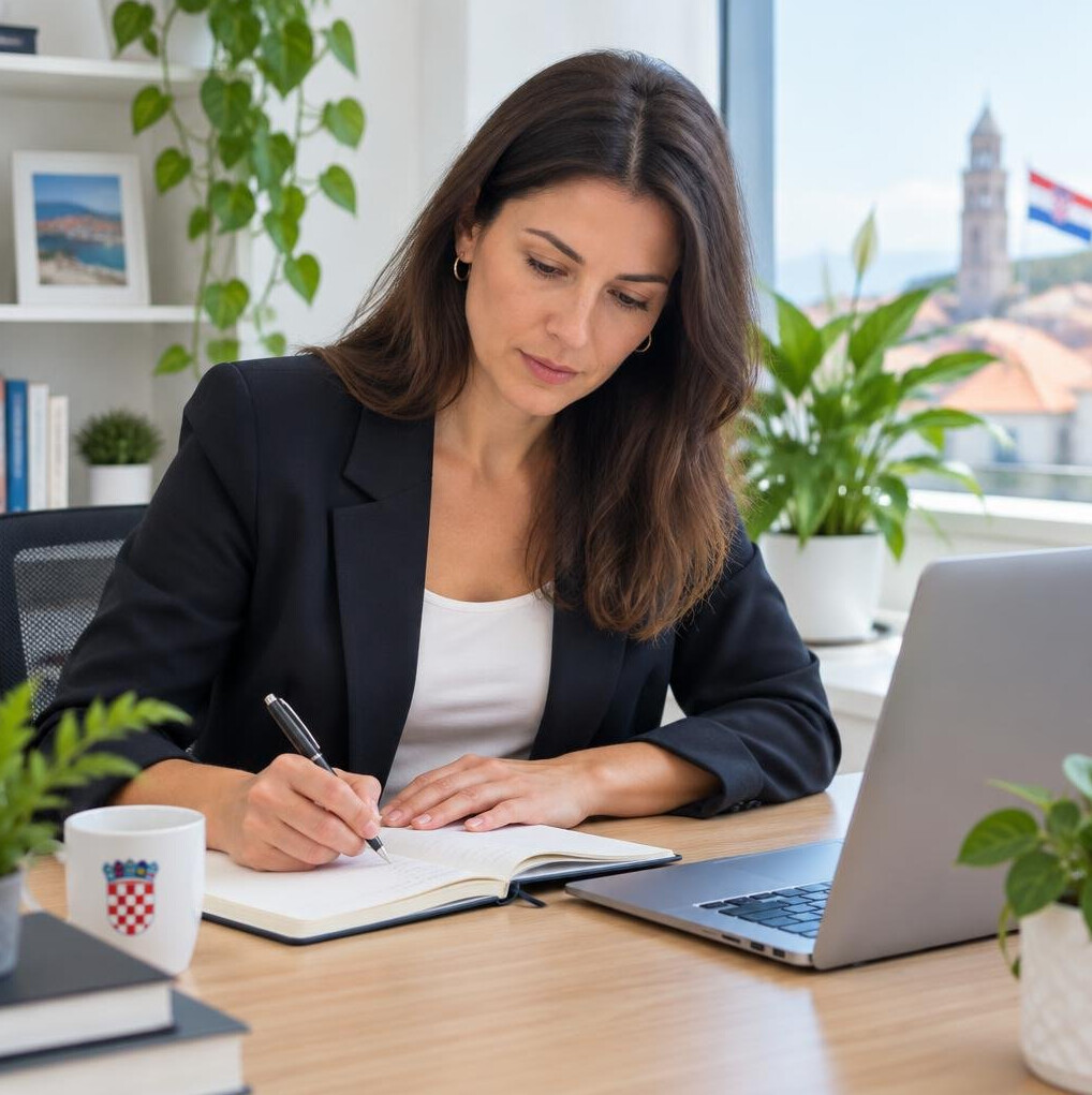 Person writing notes at a desk with a laptop